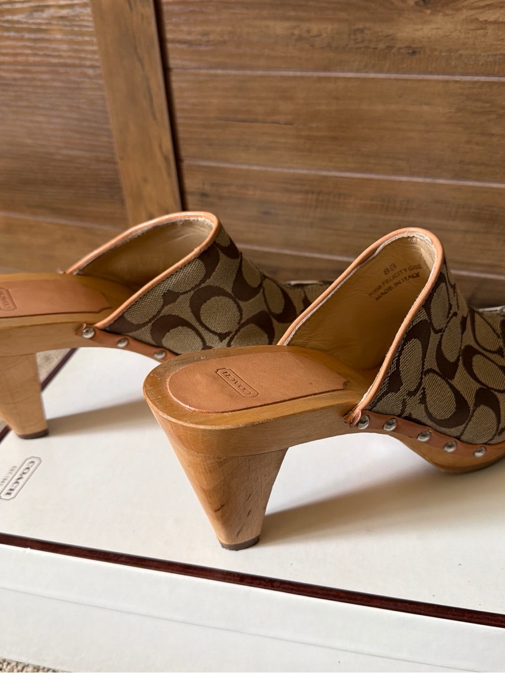Coach Beige & Brown Signature Jacquard Clog Mules - Picture 5 of 7
